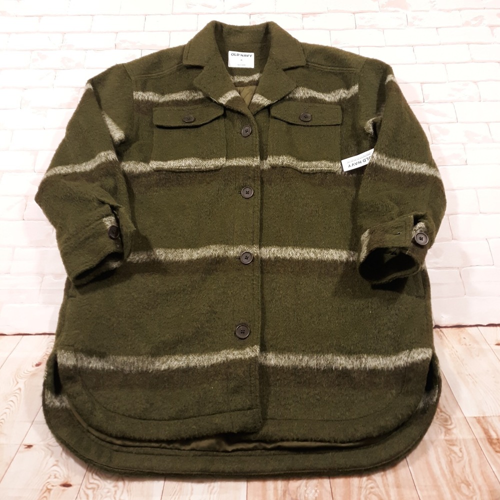Old Navy Wool Blend Car Coat Womens M Green 4 Button Notch Lapel Heavyweight NEW